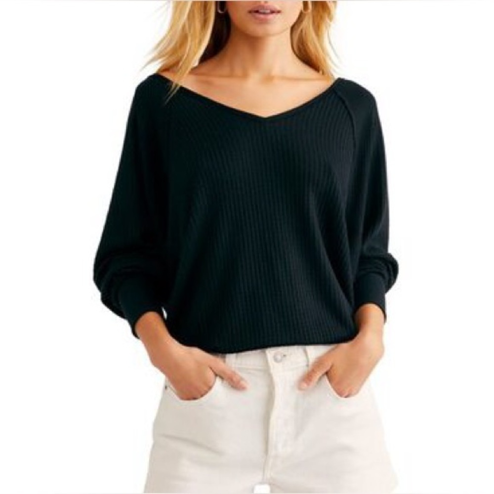 NWT Free People We The Size S Black Santa Clara Thermal Top Long Sleeve V Neck - Picture 3 of 8